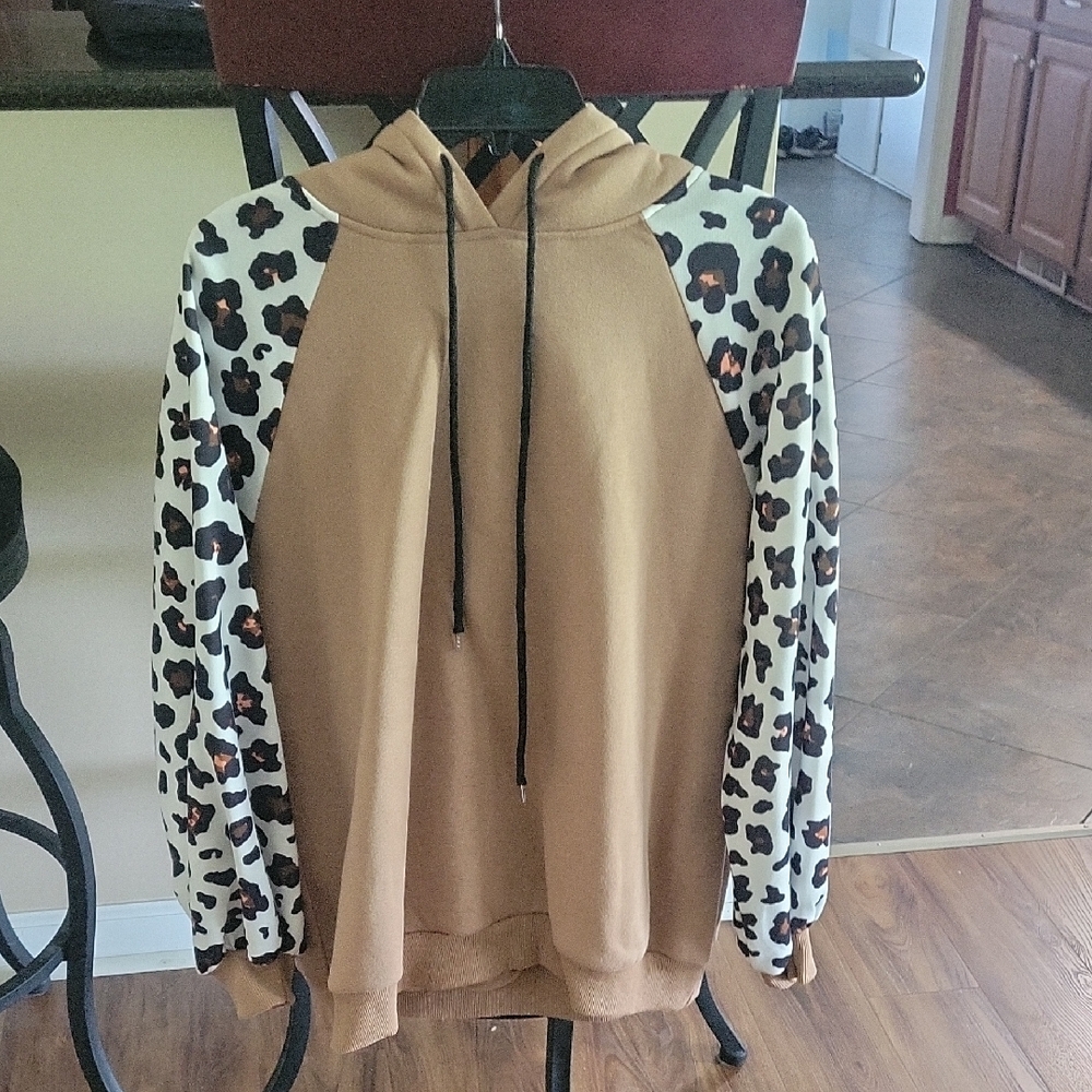 Leopard Print Sleeve Tan Hoodie